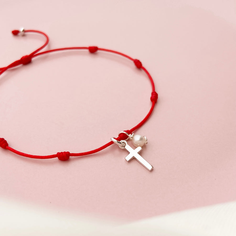 Pulsera Siete nudos | Pulsera cruz plata hilo rojo | Marzué 